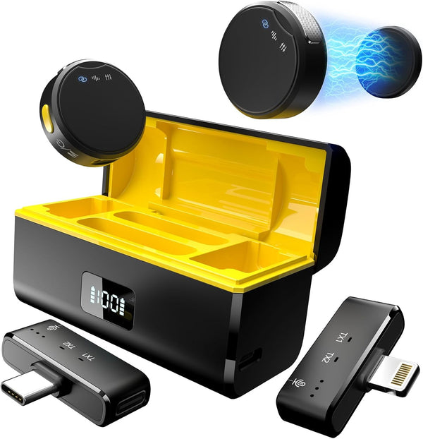 Rythflo Microfone de lapela sem fio para iPhone/Android com Lightning/USB C (2 TX+2 RX+estojo de carregamento)