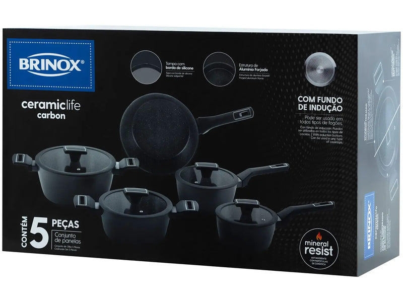 Jogo de Panelas Brinox Ceramic Life de Alumínio 8 Peças Carbon