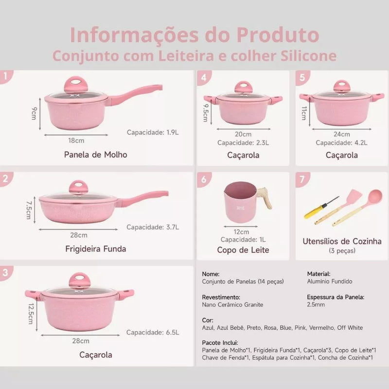 Jogo de Panelas 5 Peças - Fogão Indução, Gás.  Revestido em Cerâmica Granito Antiaderente Frigideira