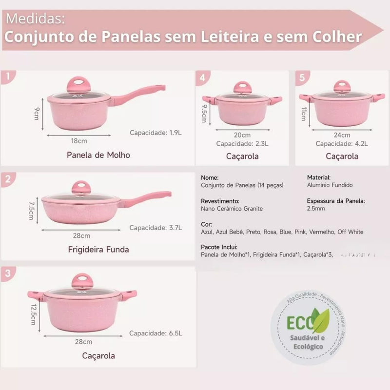Jogo de Panelas 5 Peças - Fogão Indução, Gás.  Revestido em Cerâmica Granito Antiaderente Frigideira