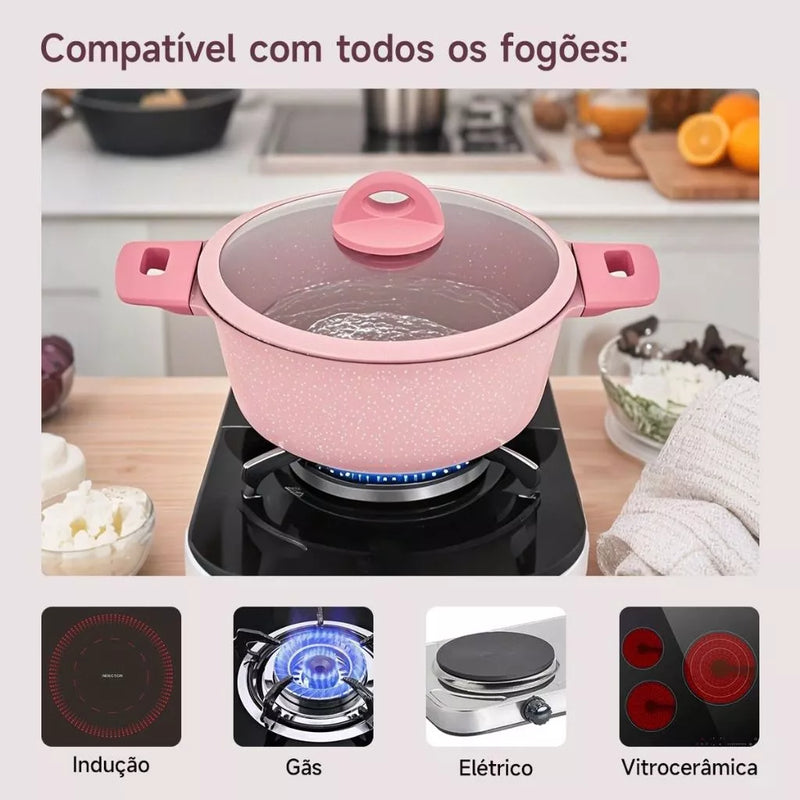 Jogo de Panelas 5 Peças - Fogão Indução, Gás.  Revestido em Cerâmica Granito Antiaderente Frigideira