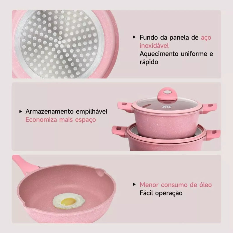 Jogo de Panelas 5 Peças - Fogão Indução, Gás.  Revestido em Cerâmica Granito Antiaderente Frigideira